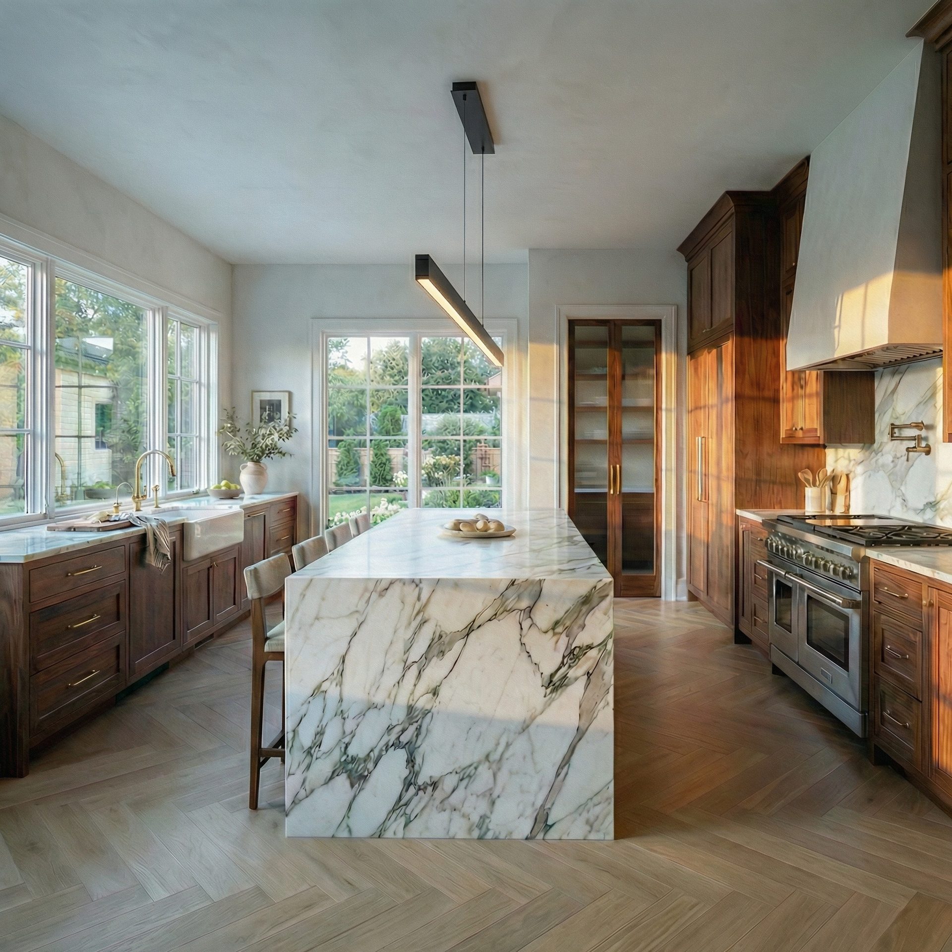 Contemporary minimalist kitchen with white quartz and brass accents